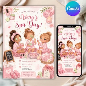 Może przedstawiać: Zaproszenie w stylu spa oraz smartfon z tym samym wzorem. Zaproszenie przedstawia troje dzieci w różowych szlafrokach, akcesoria spa oraz tekst 'You're invited to Avery's Spa Day!' wraz ze szczegółami wydarzenia na sobotę, 23 sierpnia 2025 roku.