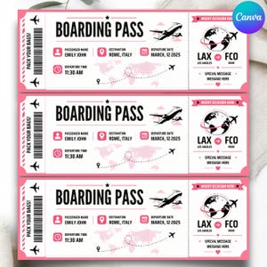 May include: Pink boarding passes with the text "BOARDING PASS" and the passenger name "EMILY JOHN". The destination is Rome, Italy, with a departure date of March 12, 2025, and a departure time of 11:30 AM. The passes include a world map and airplane graphics.