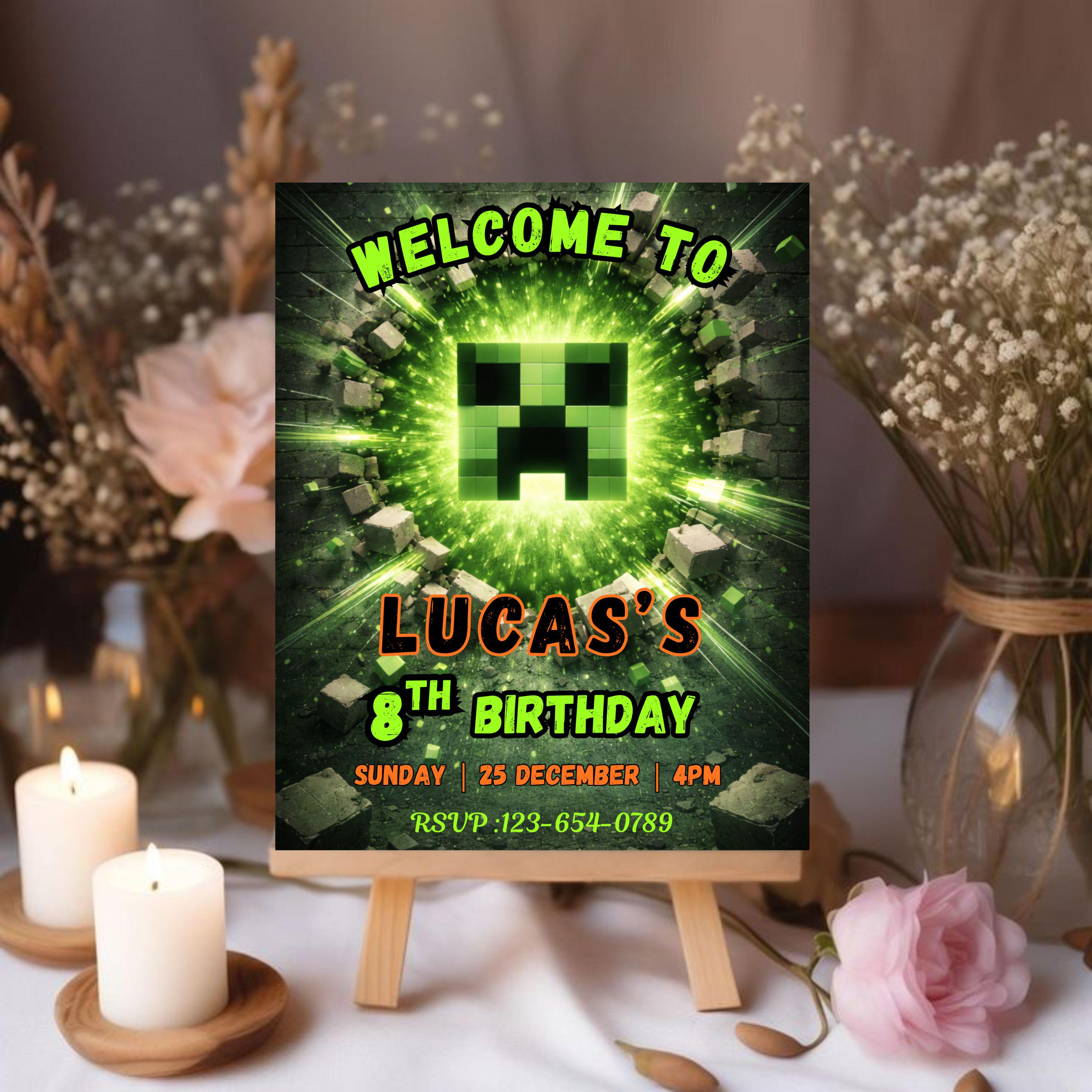 Minecraft Welcome Sign Template, Editable Gamer Birthday Poster, Pixel ...