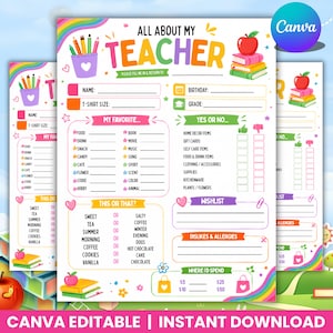 Pode incluir: Uma folha de questionário imprimível All About My Teacher com gráficos coloridos de lápis, livros e arco-íris. O formulário inclui seções para detalhes pessoais, favoritos, preferências de sim ou não, lista de desejos e alergias.