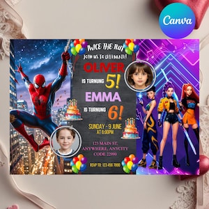 Könnte beinhalten: Eine Geburtstagseinladung mit Spider-Man, Zeichentrickfiguren und Fotos eines Jungen und eines Mädchens. Die Einladung enthält den Text "Twice the Fun, Join us to Celebrate!" und Details für Olivers 5. und Emmas 6. Geburtstag.