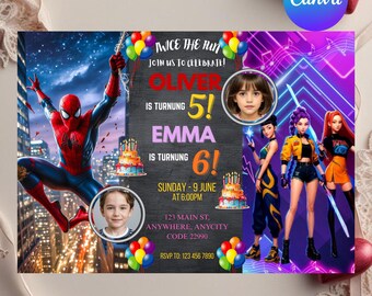Twins Birthday Invitation, Boy Girl Party, Canva Template (Digital Download )