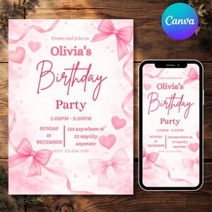 Pink Bow Birthday Invitation Canva, Coquette Birthday Invite, Girly Pink Ribbon Party Invite, Teen Girl, DIY text, Instant download