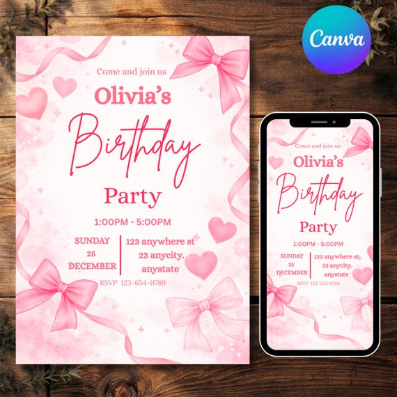Pink Bow Birthday Invitation Canva, Coquette Birthday Invite, Girly Pink Ribbon Party Invite, Teen Girl, DIY text, Instant download