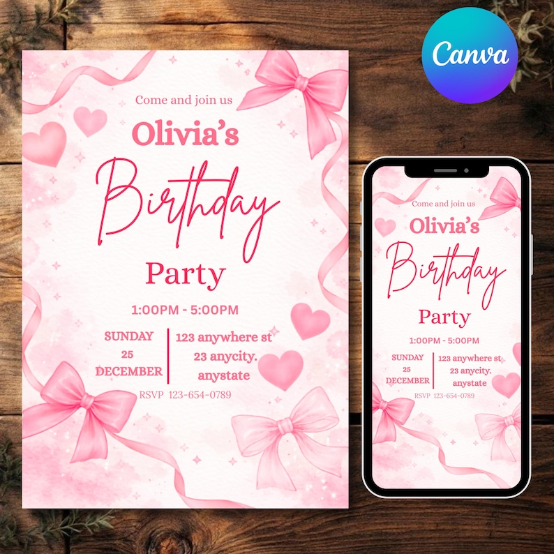 Pink Bow Birthday Invitation Canva, Coquette Birthday Invite, Girly Pink Ribbon Party Invite, Teen Girl, DIY text, Instant download