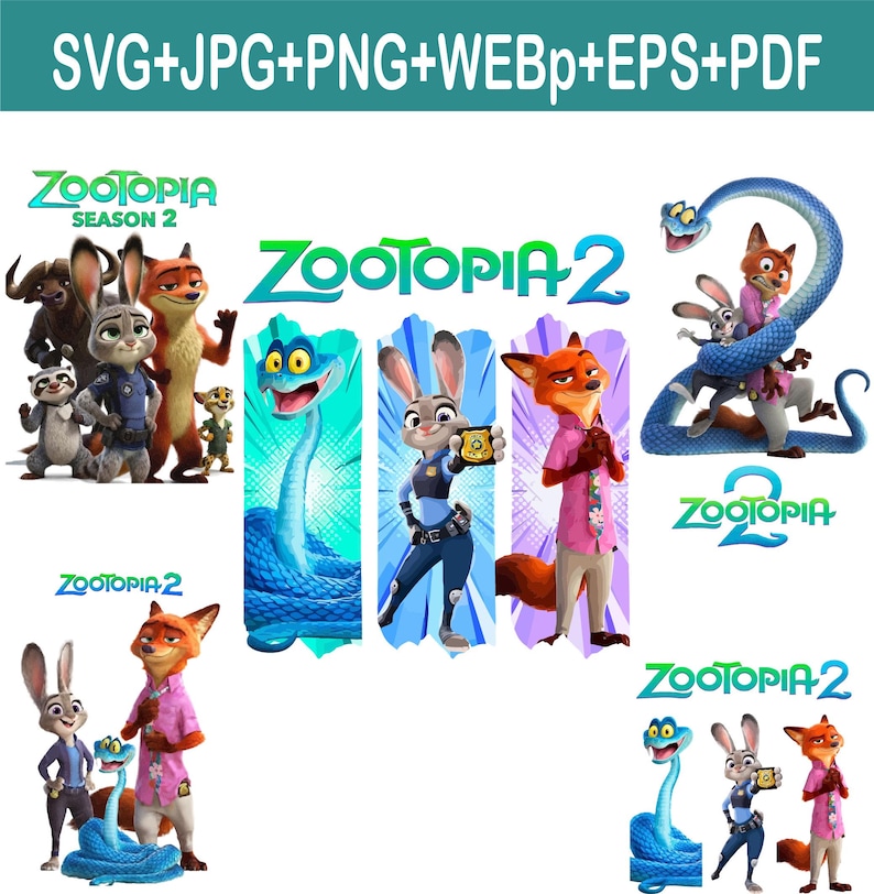Peut inclure: Plusieurs graphiques sur le th&egrave;me de Zootopia 2. Les images pr&eacute;sentent des personnages comme Judy Hopps, Nick Wilde et un serpent bleu. Le texte "Zootopia 2" est affich&eacute; en vert. Les graphiques sont disponibles en formats SVG, JPG, PNG, WEBP, EPS et PDF.