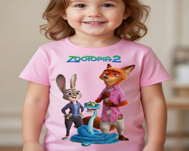 Peut inclure: T-shirt rose avec des personnages du film "Zootopie 2". Le design comprend Judy Hopps, Nick Wilde et un serpent bleu. Le texte "Zootopia 2" est imprim&eacute; en vert et bleu en haut.