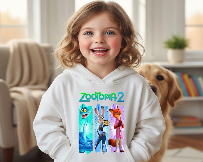 Peut inclure: Un sweat &agrave; capuche blanc avec le texte "ZOOTOPIA 2" en vert et bleu. Le sweat &agrave; capuche pr&eacute;sente un graphisme des personnages du film Zootopia. Une jeune fille porte le sweat &agrave; capuche.