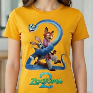 Peut inclure: T-shirt jaune moutarde avec un graphisme du film d'animation Zootopia 2. Le motif repr&eacute;sente un serpent bleu enroul&eacute; autour des personnages de dessins anim&eacute;s Judy Hopps, Nick Wilde, et d'autres. Le titre du film est affich&eacute; en vert et bleu.