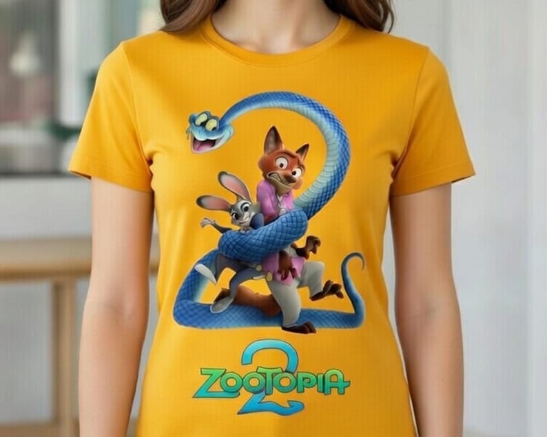 Peut inclure: T-shirt jaune moutarde avec un graphisme du film d'animation Zootopia 2. Le motif repr&eacute;sente un serpent bleu enroul&eacute; autour des personnages de dessins anim&eacute;s Judy Hopps, Nick Wilde, et d'autres. Le titre du film est affich&eacute; en vert et bleu.