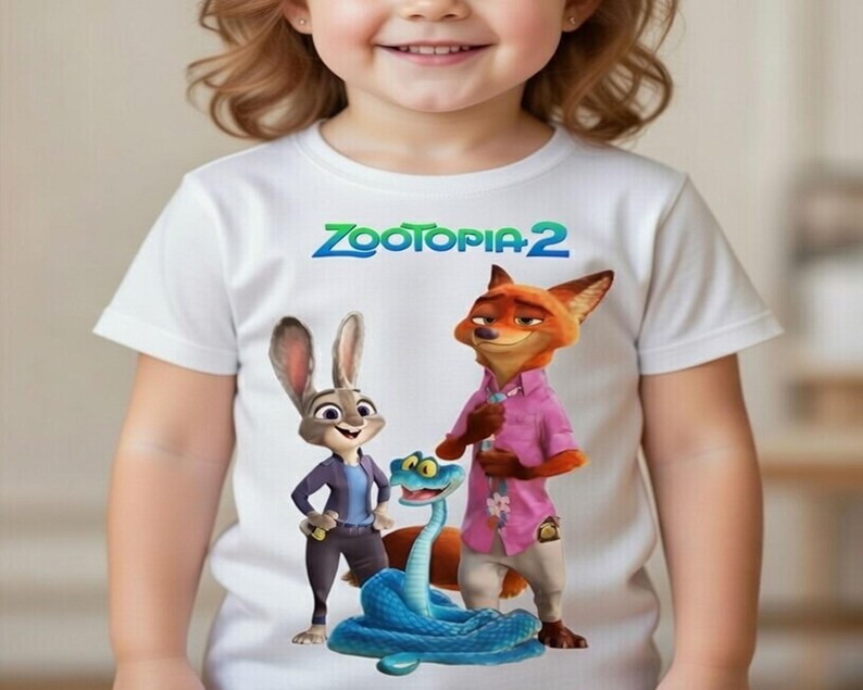 Peut inclure: T-shirt blanc avec des personnages de Zootopia 2. Le design comprend Judy Hopps, Nick Wilde et un serpent bleu. Le texte "Zootopia 2" est imprim&eacute; en vert et bleu au-dessus des personnages.