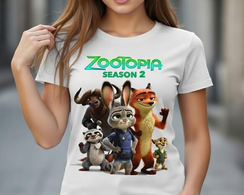Peut inclure: T-shirt blanc avec une illustration color&eacute;e des personnages de Zootopie, dont Judy Hopps et Nick Wilde, et le texte "Zootopia Saison 2". Le design est une illustration des personnages du film d'animation.