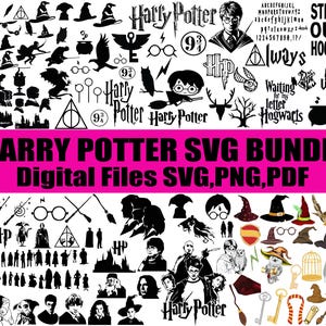 Può includere: Una collezione di file digitali SVG a tema Harry Potter in bianco e nero. L'immagine presenta varie silhouette di simboli iconici, personaggi e citazioni della serie, come occhiali, cappelli e lo stemma di Hogwarts.