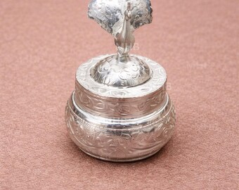 Silver Plated Peacock Sindoor Dabbi With Lid, Pooja Items for Home