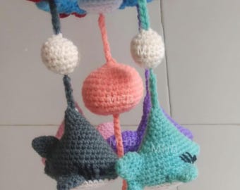 Handmade Crochet Baby Crib Mobile – Shark & Star Nursery Hanging | Ocean Theme Baby Shower Gift | Cradle Decor
