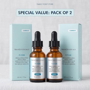May include: Two amber glass dropper bottles of SkinCeuticals P-TIOX wrinkle-modulating peptide serum, each 1 fl oz, accompanied by two matching light blue boxes labeled SPECIAL VALUE: PACK OF 2, featuring text about improving contraction lines.