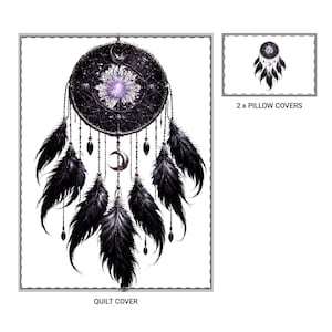 May include: A black and purple dreamcatcher design on a white background. The design includes a central floral pattern, crescent moons, and hanging feathers. The image also includes two pillow covers with the same dreamcatcher design and a quilt cover.