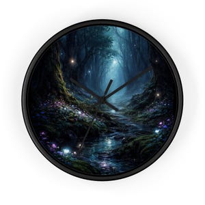 May include: A round wall clock with a black frame. The clock face features a digital painting of a mystical forest scene with a stream, glowing lights, and a path leading into the distance. The clock hands are black.