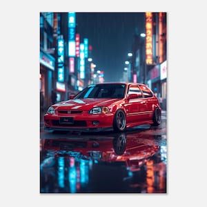 Może przedstawiać: Czerwony hatchback Honda Civic zaparkowany na mokrej ulicy w nocy. Odbicia neonów i świateł miejskich w kałużach. Obraz ma stylizowany, artystyczny wygląd.