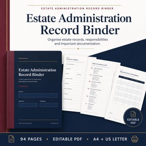 Estate Admin Binder & Executor Checklist: Probate Organiser, Fillable PDF