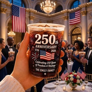 May include: A clear plastic cup filled with a dark beverage and ice. The cup has the text "250th Anniversary 1776-2026" and an American flag. The text "Celebrating 250 Years of Freedom & Heritage" is also visible. The cup is held by a person.