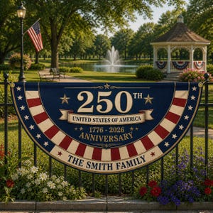以下が含まれることがあります： アメリカ合衆国250周年を祝う愛国的なデザインの紺色のバナー。バナーには「250th」、「United States of America」、「1776-2026 Anniversary」、および「The Smith Family」というテキストが表示されています。