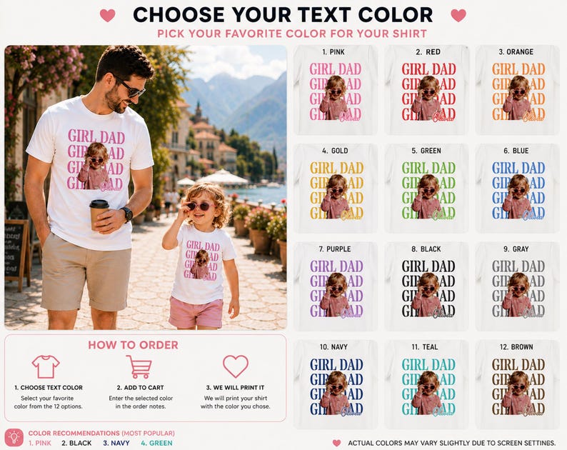 Pu&ograve; includere: Vengono mostrate magliette bianche con la scritta "GIRL DAD" e la foto di una bambina. L'immagine mostra un padre e una figlia che indossano le magliette, insieme alle opzioni di colore per il testo. Le magliette sono disponibili in vari colori.