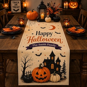 Camino de mesa de lino personalizado para Halloween, decoración personalizada para la familia en Halloween, decoración otoñal para el comedor, regalo de Halloween