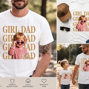 Pu&ograve; includere: T-shirt bianche con la scritta "GIRL DAD" in oro. Le magliette presentano una foto di una bambina con gli occhiali da sole. Il nome della bambina, Olivia, &egrave; scritto sotto. Regalo per la festa del pap&agrave;.