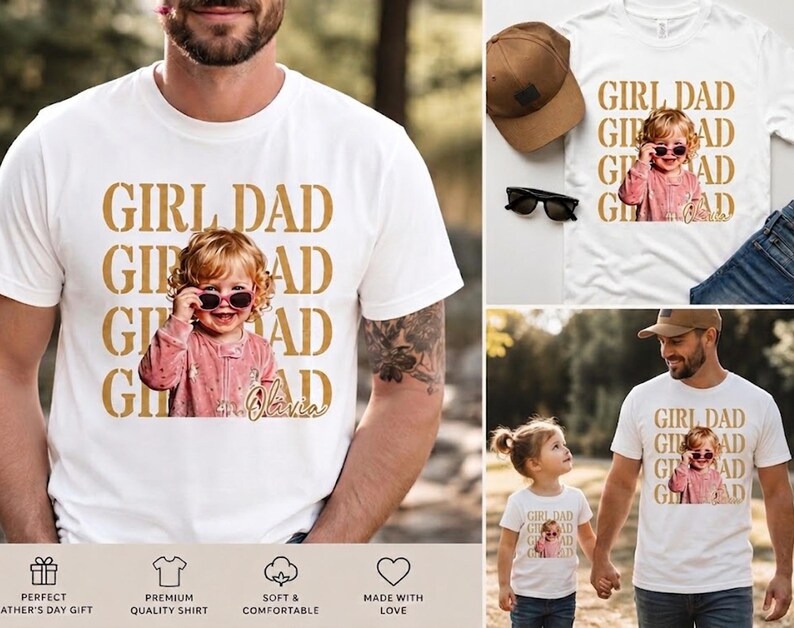 Pu&ograve; includere: T-shirt bianche con la scritta "GIRL DAD" in oro. Le magliette presentano una foto di una bambina con gli occhiali da sole. Il nome della bambina, Olivia, &egrave; scritto sotto. Regalo per la festa del pap&agrave;.