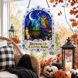 Acryl raamhanger met Halloween-uil, raamdecoratie met heksenketel en stapel boeken, gotische decoratie in maanlichtstijl, griezelig herfstcadeau voor boekenliefhebbers