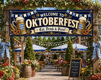 May include: A rectangular blue banner with the text "WELCOME TO OKTOBERFEST" and "Eat, Drink & Prost!" in gold lettering. The design features two large beer steins with blue and white diamond patterns, gold wheat stalks, and blue bunting flags.