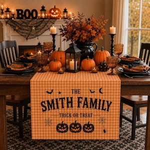 Custom Halloween Table Runner, Personalized Family Table Decor, Trick or Treat Table Linen, Farmhouse Fall Dining Decoration,Halloween Decor