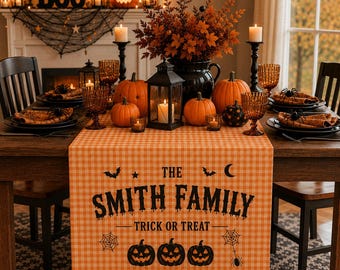 Custom Halloween Table Runner, Personalized Family Table Decor, Trick or Treat Table Linen, Farmhouse Fall Dining Decoration,Halloween Decor