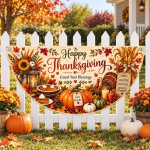 May include: A semi-circular Thanksgiving banner featuring the text Happy Thanksgiving and Count Your Blessings. The design includes a turkey, a pumpkin with a Give Thanks tag, a pie, a lantern, and autumn leaves. It is mounted on a white fence.