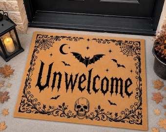 Halloween Welcome Doormat, Gothic Entry Rug with Bats Skull & Spider Web, Unwelcome Door Mat, Fall Porch Decor, Housewarming Gift