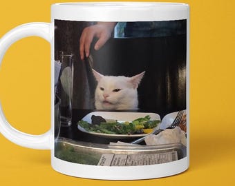 Smudge The Cat Meme, Cat At Dinner Table, White Cat Annoyed, Cat Mug, Confused Cat, Funniest Meme On Mug, Silly Meme, Random Meme