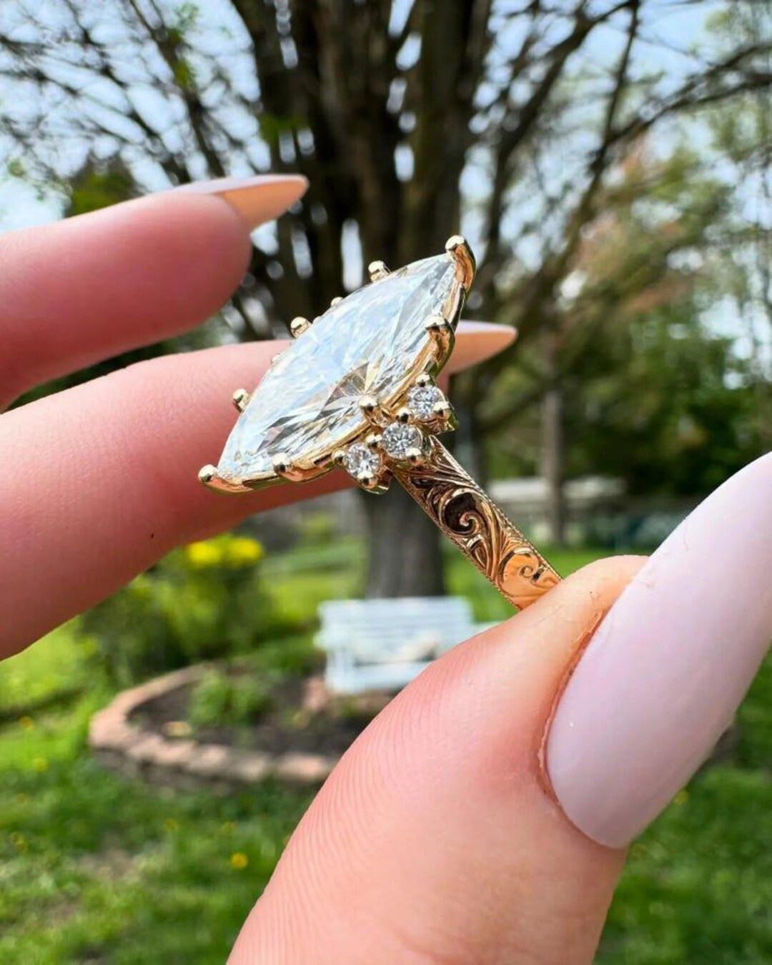 4CT Marquise Cut Lab Grown Diamond Ring, Vintage Art Deco Engagement ...