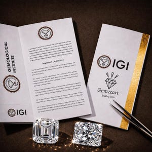May include: Two loose, square-cut, brilliant diamonds are positioned below an open IGI Gemological Institute report and a Gemzcart Jewellery Store document. A pair of silver-toned metal tweezers rests on the right side of the documents.