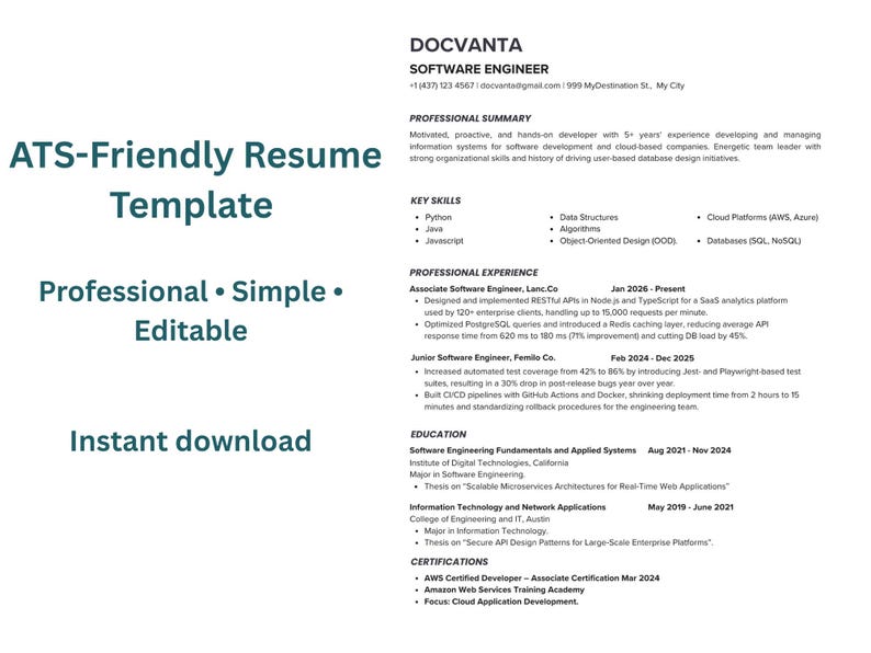 ATS Friendly Resume Template | Simple Professional CV | Editable Word ...