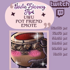 Op de afbeelding: Digitale illustratie van een pot met een blozend gezicht, ontworpen als Twitch-emote. De pot is bruin met gouden details en bevat een rode vloeistof. De tekst "Sadie Stoney Art UWU POT FRIEND EMOTE" en een Twitch-logo zijn inbegrepen.