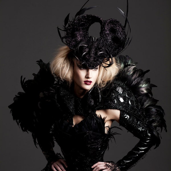 Black feather cape with black pvc and embroidery inspired by Alexander McQueen
