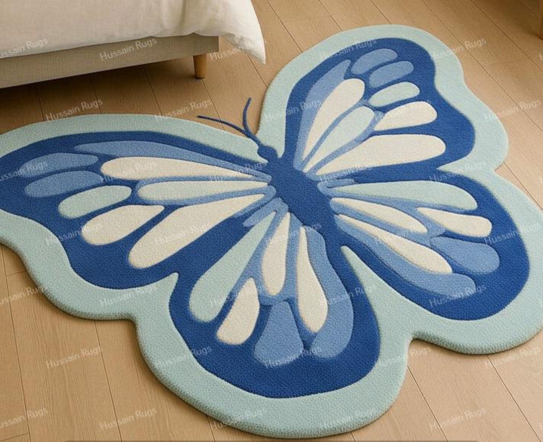Hug Rug Butterflies Hand-tufted Butterfly Shaped Area Rug - Aesthetic Blue & White ...