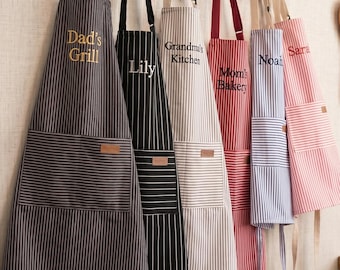Personalized Apron for Women Men, Custom Name Embroidered Chef Apron, Striped Kitchen Apron with Pockets, Cooking Gift for Her Him
