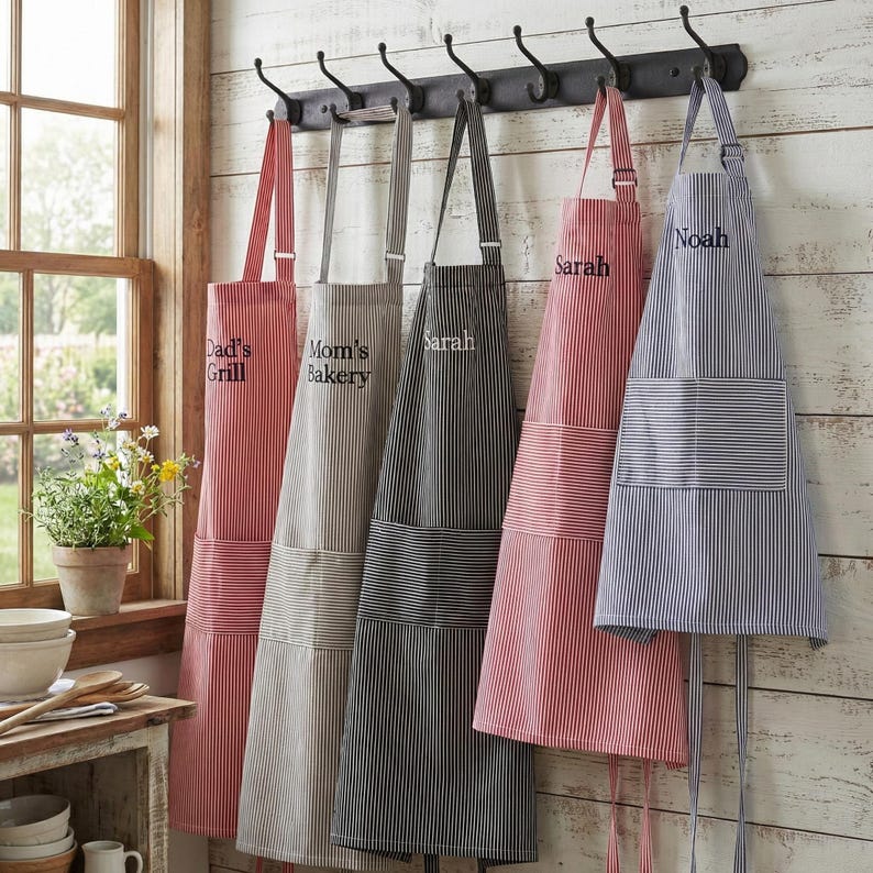May include: Five striped aprons hanging on a black wall-mounted rack with hooks. The aprons feature various colours including red, grey, black, and blue, with embroidered text including Dad's Grill, Mom's Bakery, Sarah, and Noah on the front.