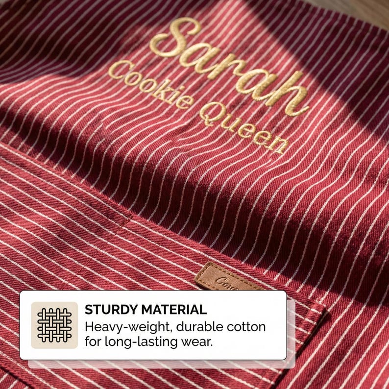 May include: A red and white pinstriped apron featuring gold embroidered text that reads Sarah Cookie Queen. The apron includes a front pocket with a small brown rectangular tag. A white informational box is overlaid with the text STURDY MATERIAL.