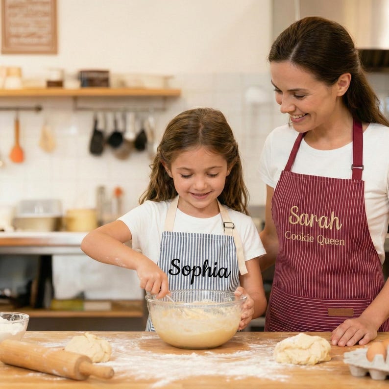 May include: A child wearing a blue and white pinstriped apron with the name Sophia embroidered in black, and an adult wearing a maroon and white pinstriped apron with the name Sarah and the text Cookie Queen embroidered in gold thread.