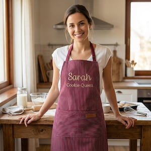 May include: A maroon apron with thin white vertical stripes, featuring the embroidered text "Sarah" and "Cookie Queen" in a light-coloured script and sans-serif font, along with a large front pocket and a small rectangular brown leather-like label.