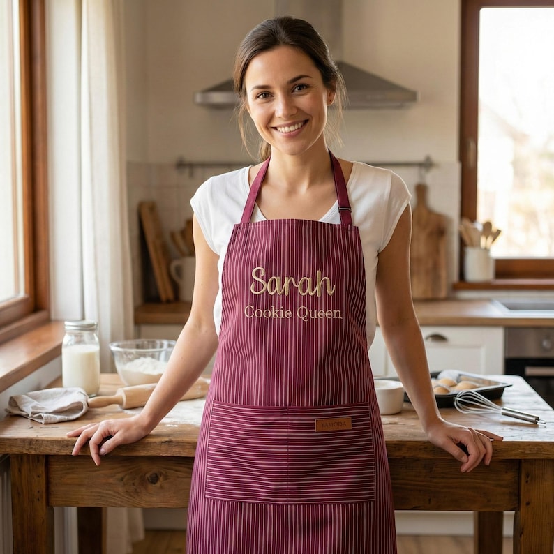 May include: A maroon apron with thin white vertical stripes, featuring the embroidered text "Sarah" and "Cookie Queen" in a light-coloured script and sans-serif font, along with a large front pocket and a small rectangular brown leather-like label.