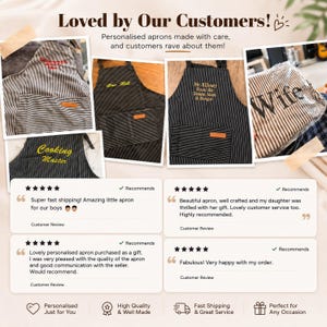 May include: A collection of black and white striped aprons featuring embroidered text such as Cooking Master, Bar Hell, Mr. Killoury, and Wife. Each apron includes a front pocket with a small brown leather-like patch and customer review text.